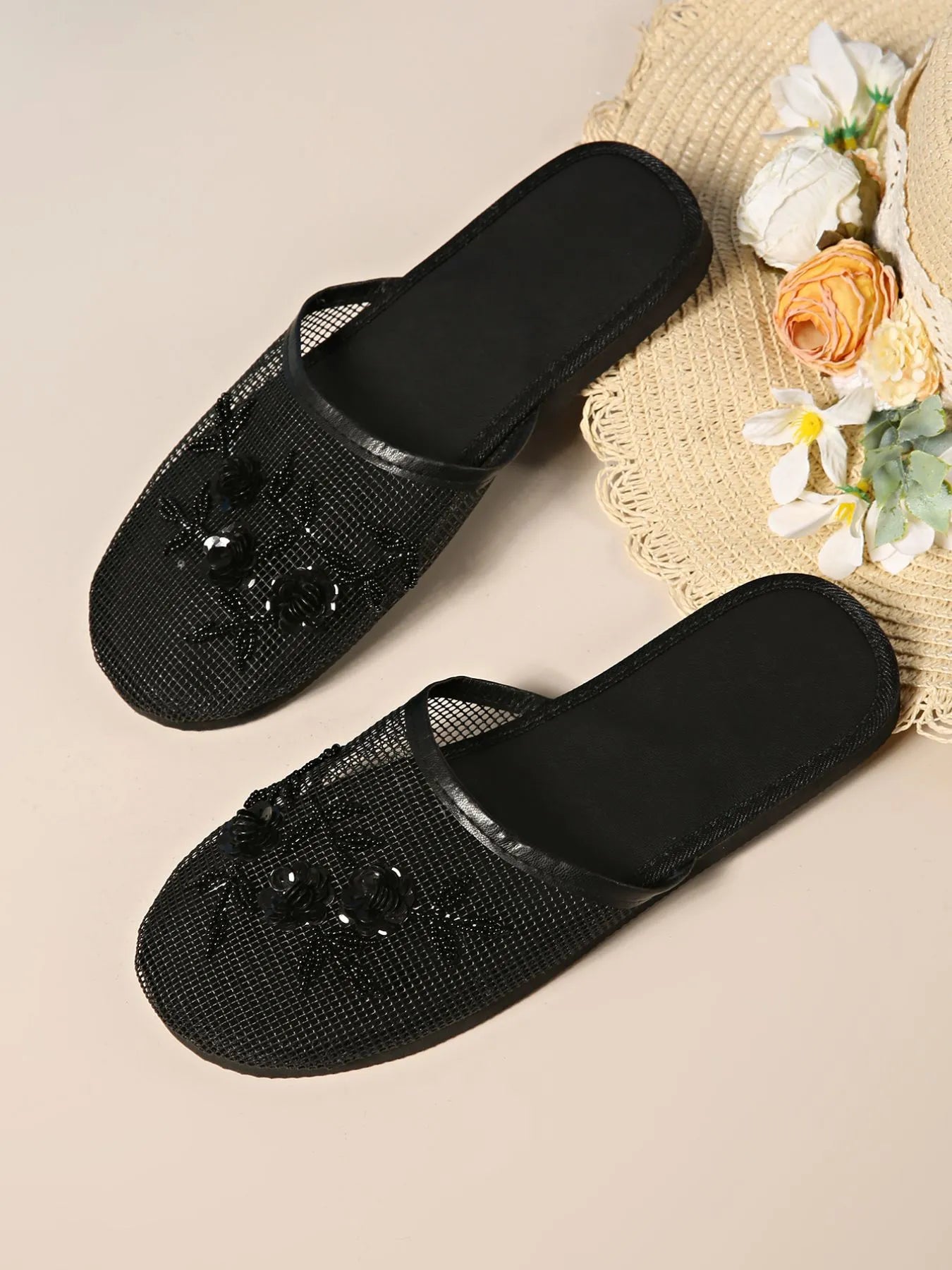 Mesh Floral Embroidered Slide Sandals