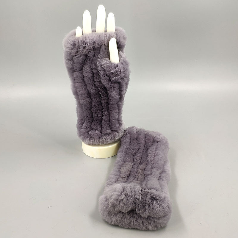 Winter Wristband Mid-Length Gloves - Rex Rabbit Fur Insulation With Striped Half-Finger Design