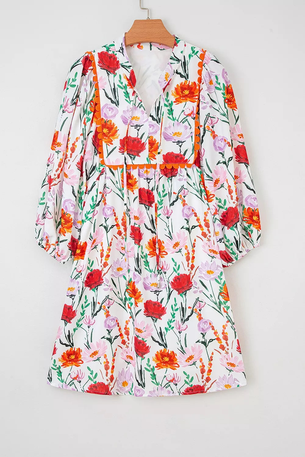 Floral Print 3/4 Puff Sleeve Ricrac Trim Mini Dress