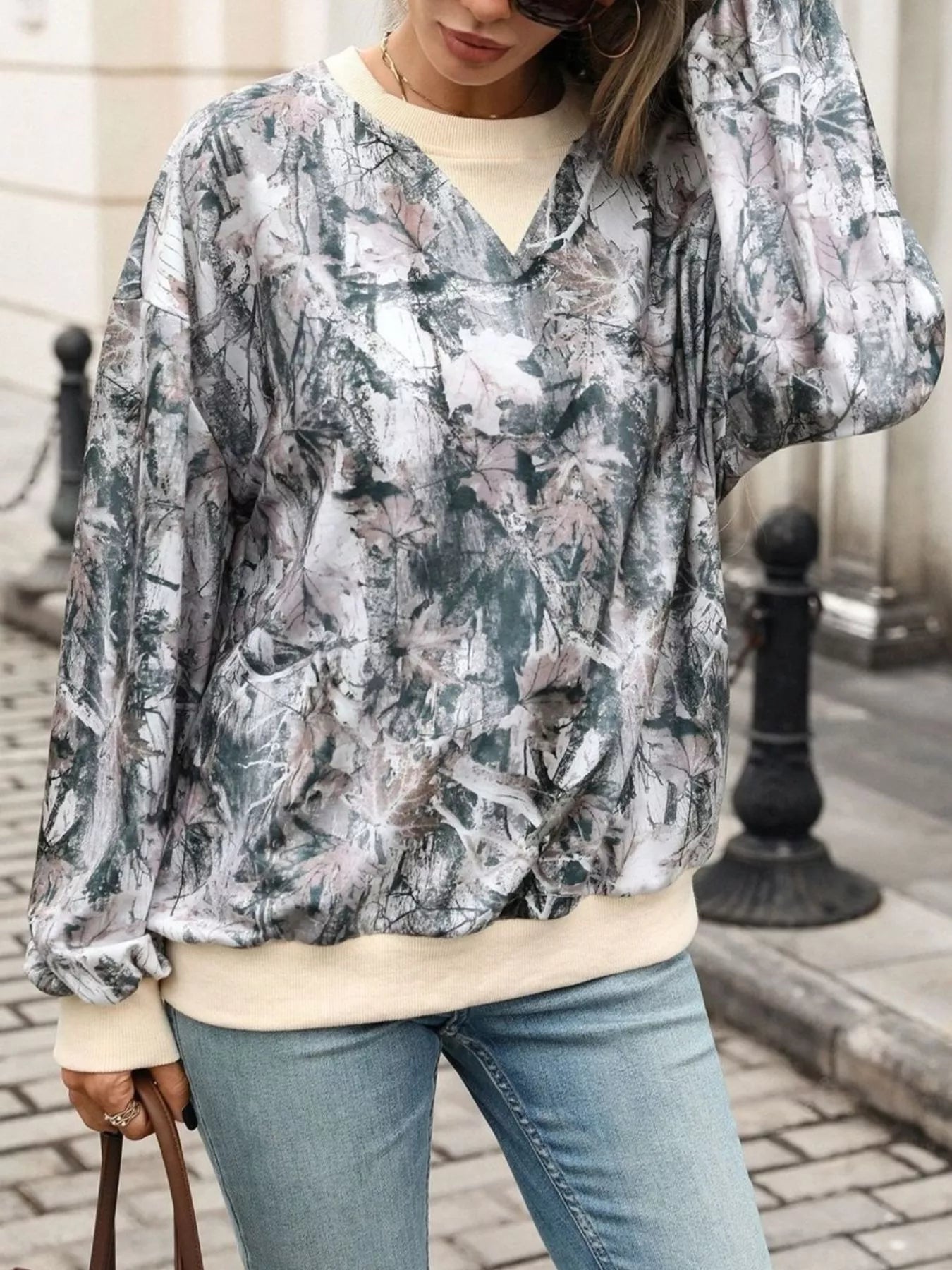 Leaf Print Sweatshirt with Contrasting Trim