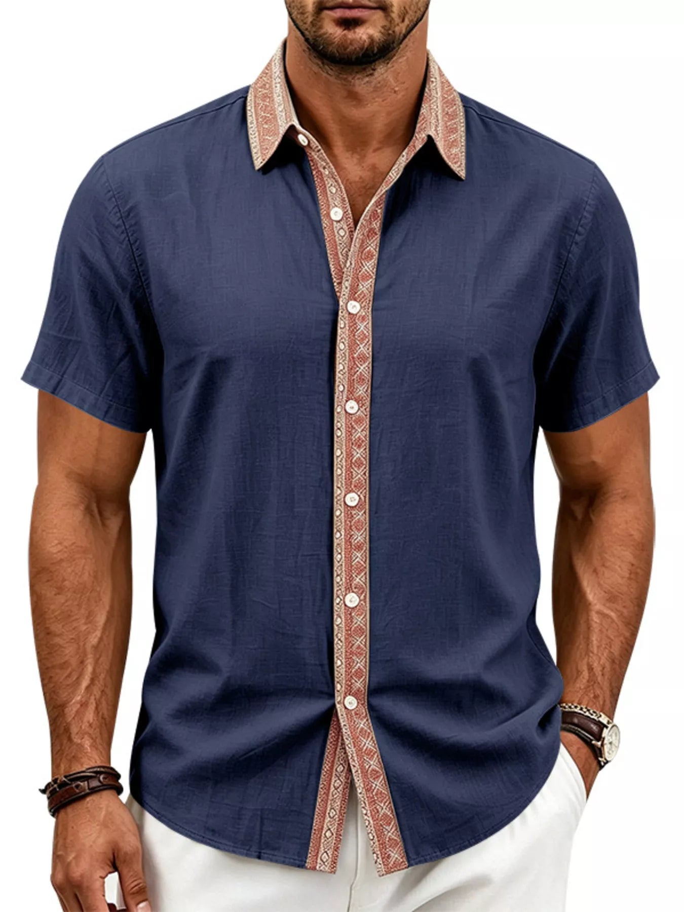 Men's Full Size Casual Short Sleeve Linen Shirt Plus Size