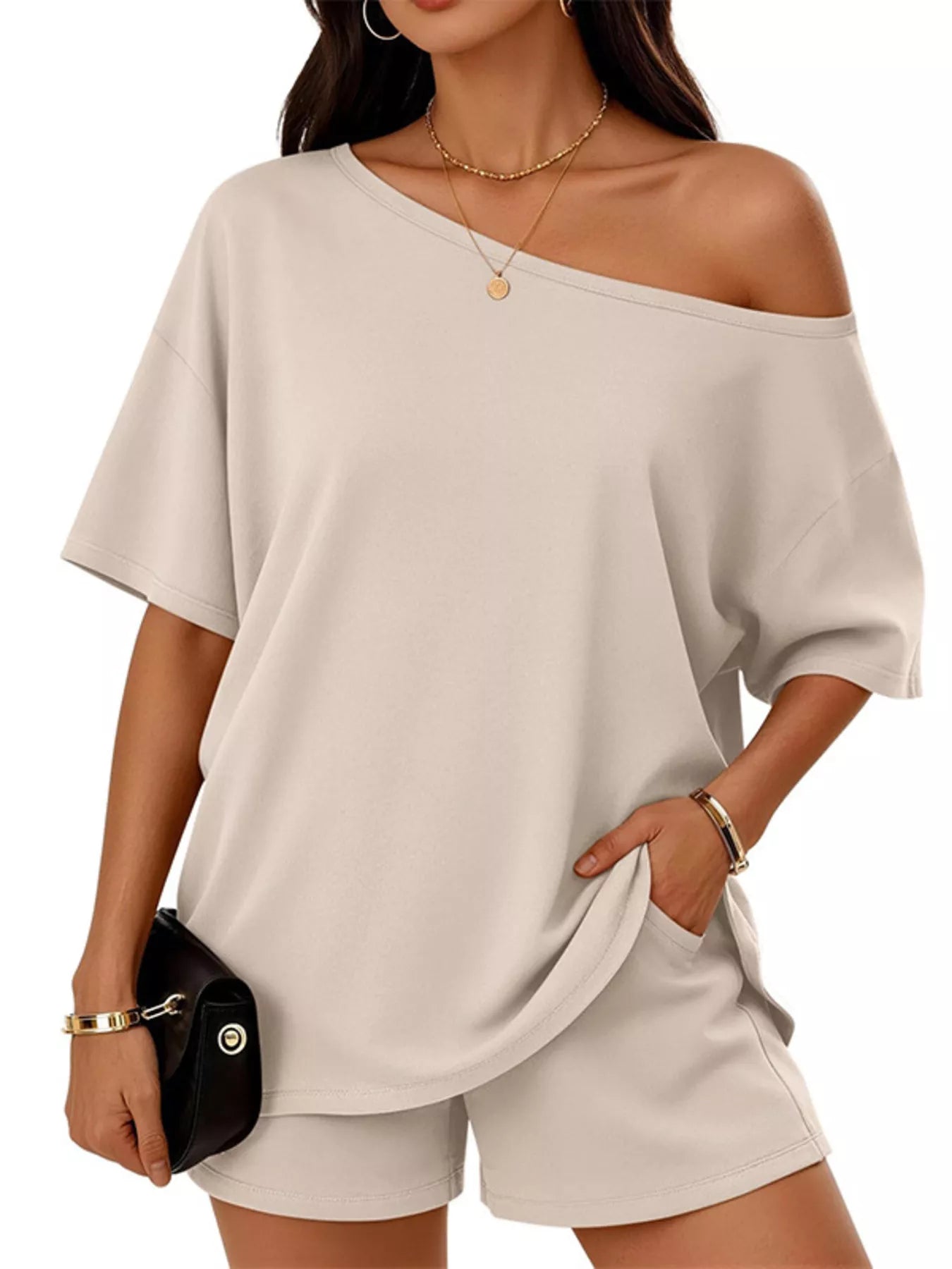 One-Shoulder Short Sleeve Top and Shorts Set