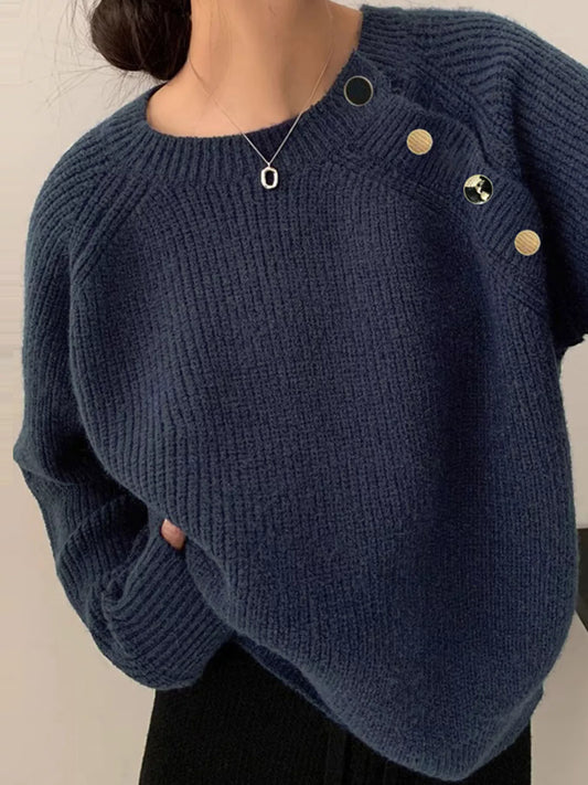 Button-Decorated Round Neck Sweater