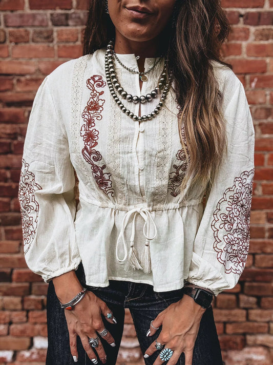 Embroidered Drawstring Waist Blouse
