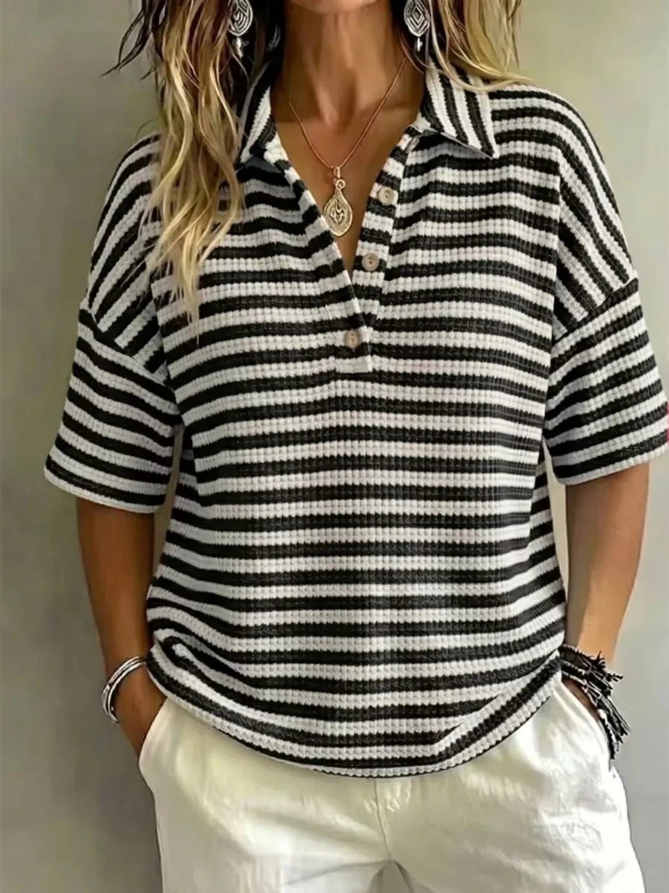 Full Size Contrast Striped Knit Polo Shirt Plus Size