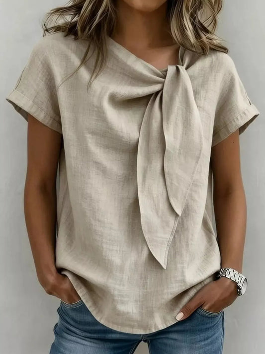 Full Size Bow Tie Neck Short Sleeve Blouse Plus Size