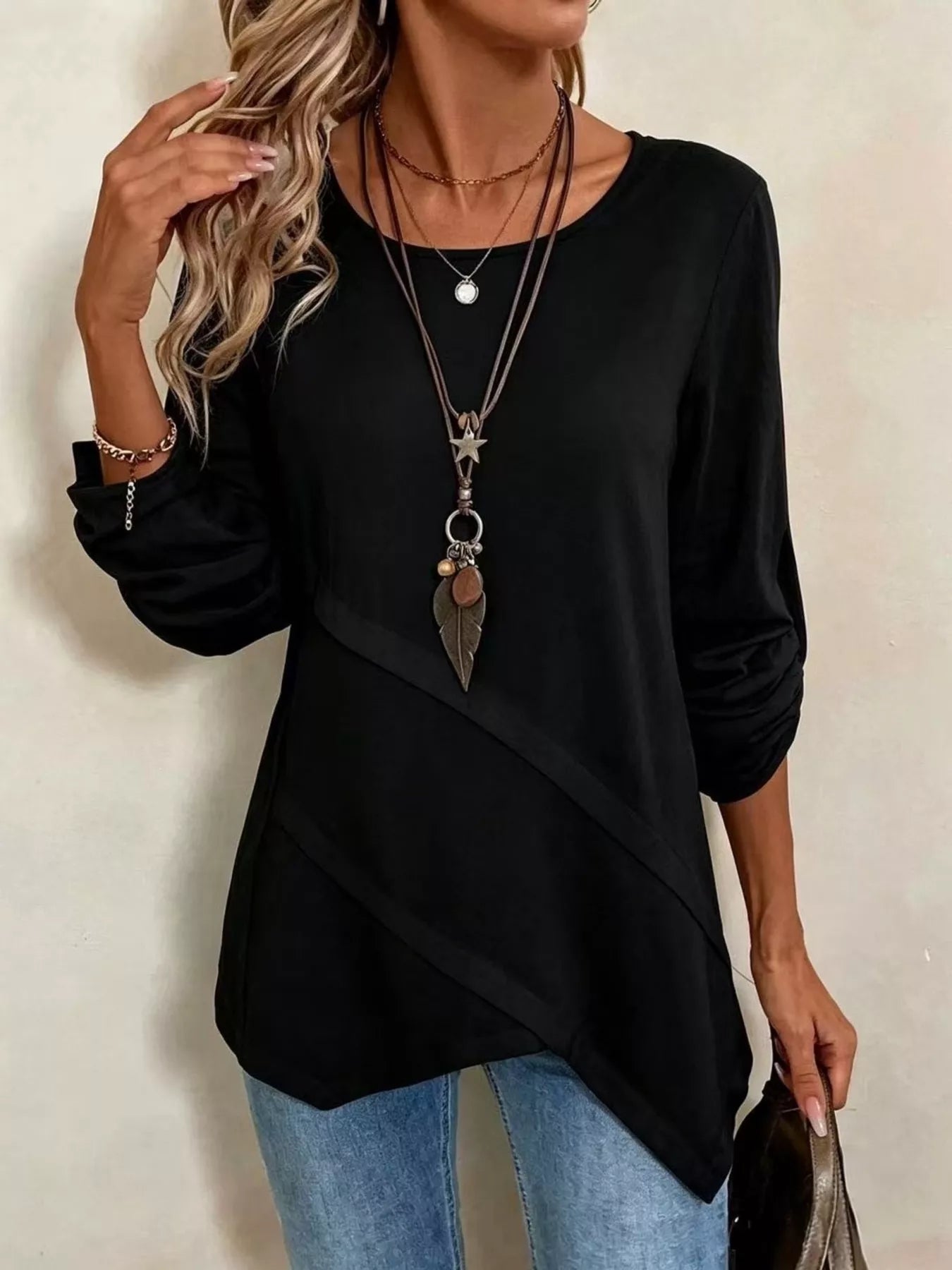Asymmetrical Hem Solid Color Linen Blouse