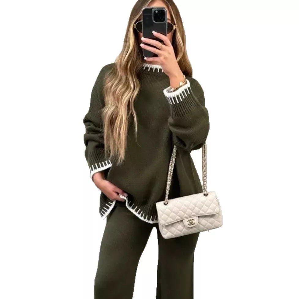 Contrast Trim Round Neck Top and Pants Sweater Set