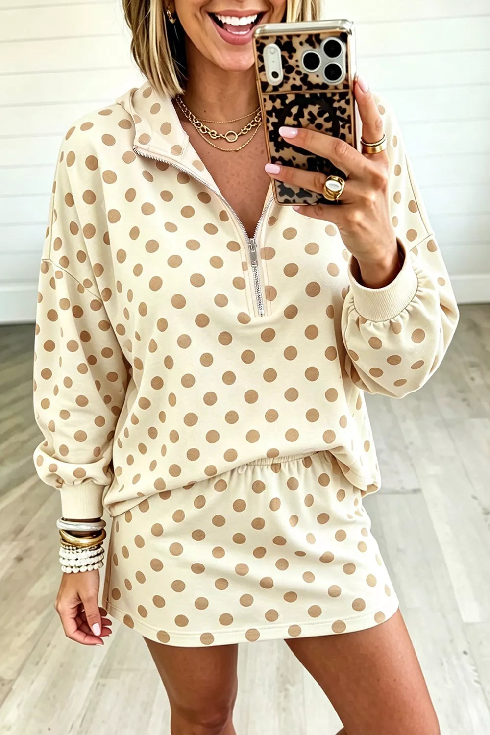 Polka Dot Quarter Zip Sweatshirt and Shorts Set