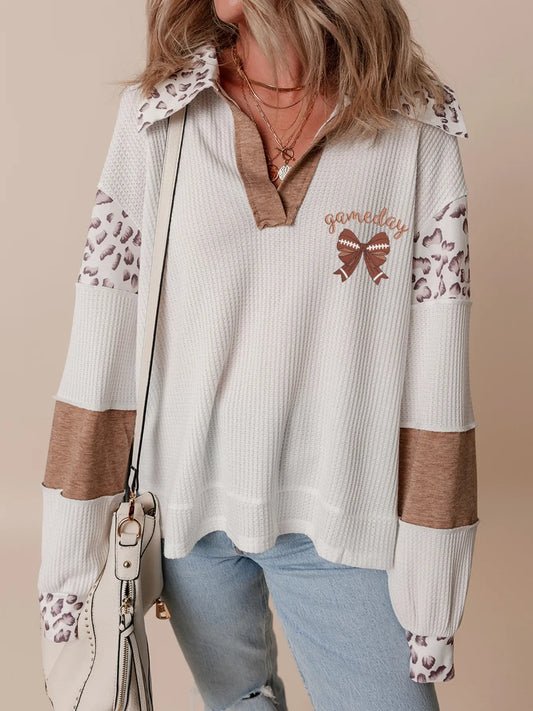 Game Day Bow Embroidered Leopard Color Block Patchwork Top