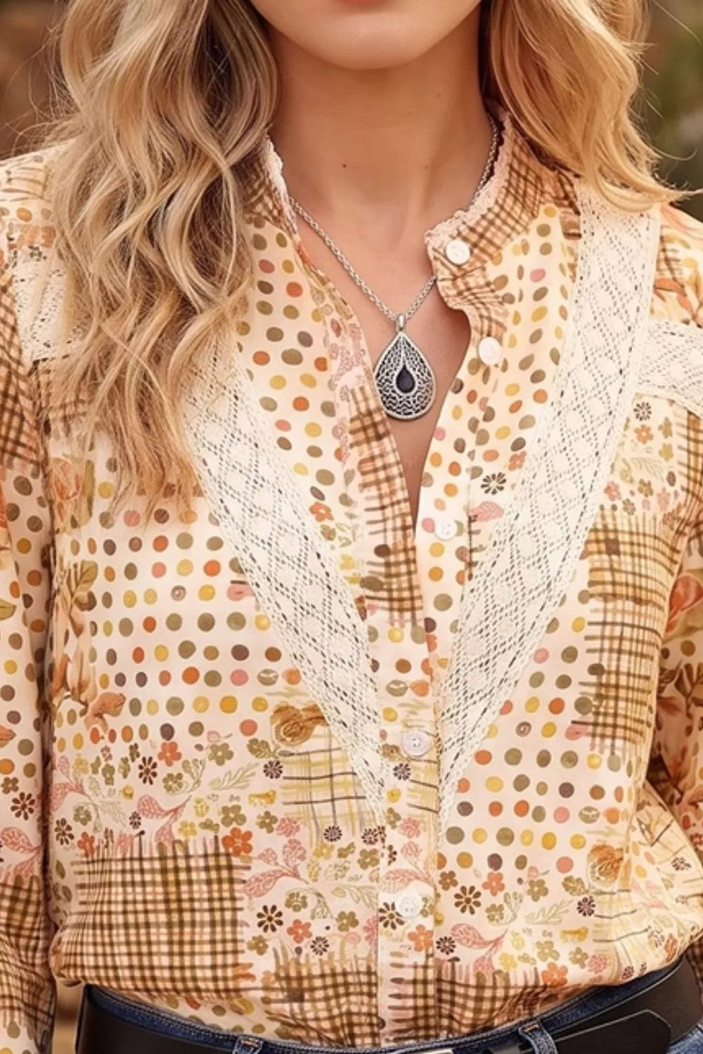 Floral Lace Trim Button Down Long Sleeve Shirt