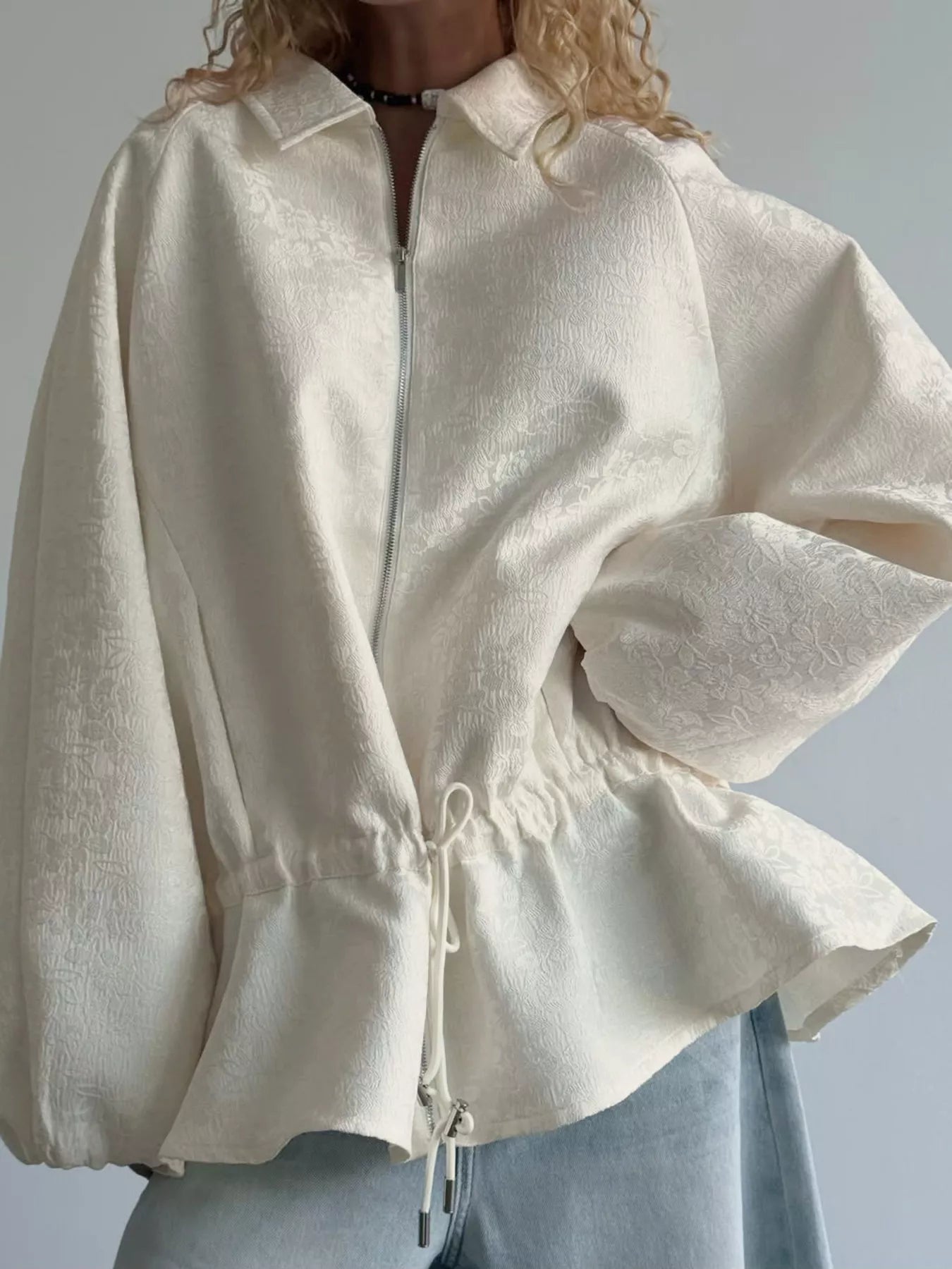 Jacquard Bomber Jacket with Drawstring Waist