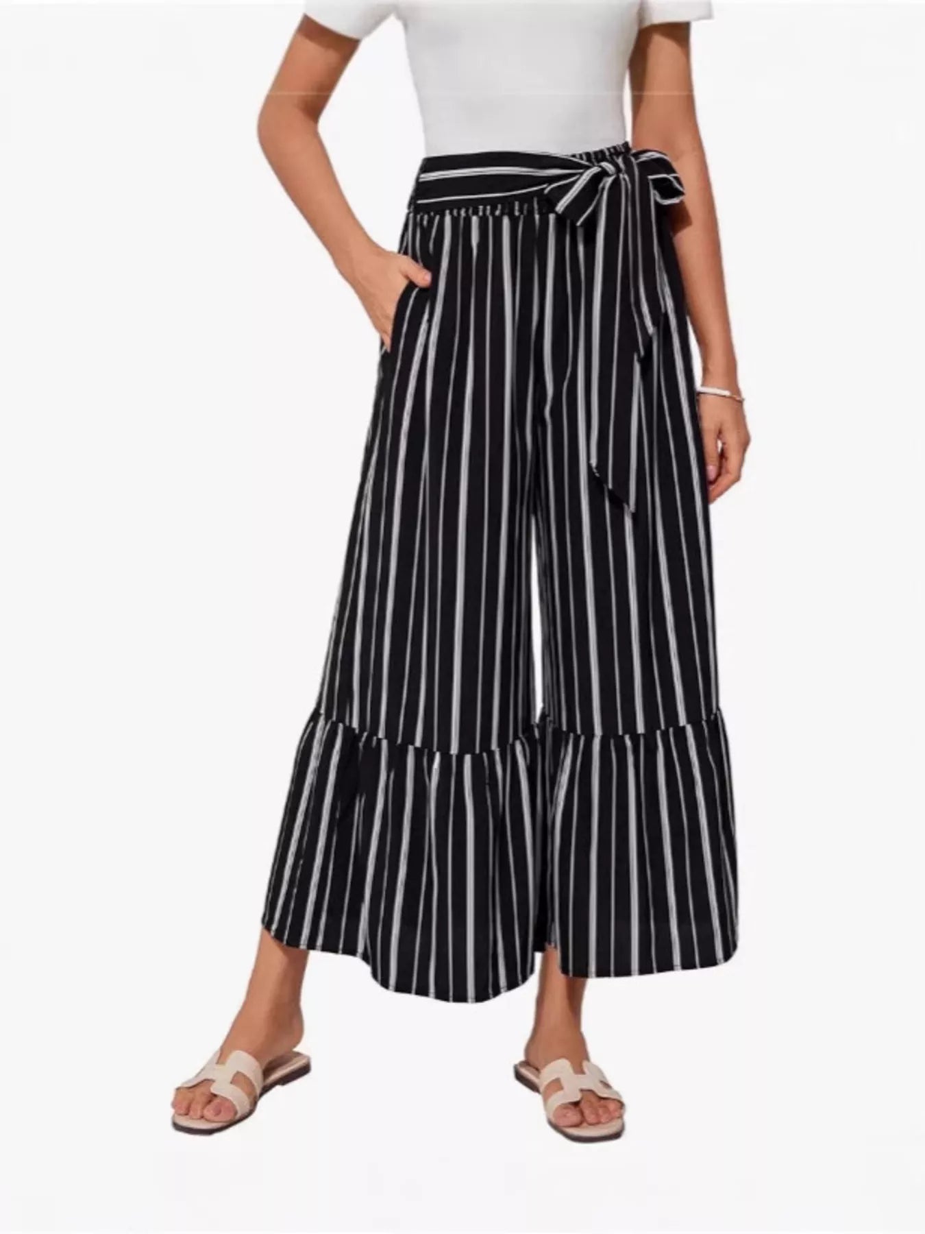 Full Size Tie Waist Wide-Leg Printed Pants Plus Size