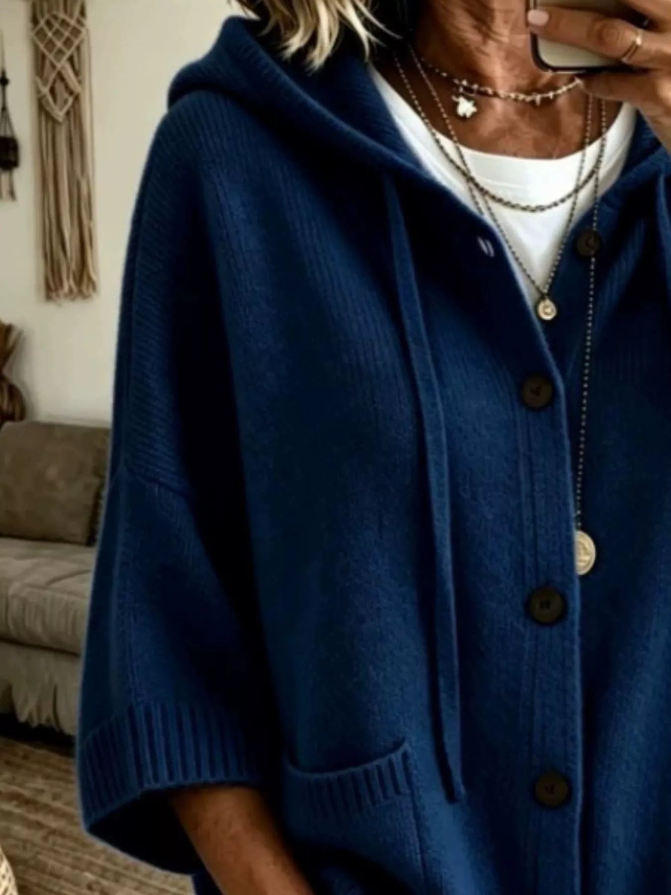 Hooded Button-Down Knit Cardigan
