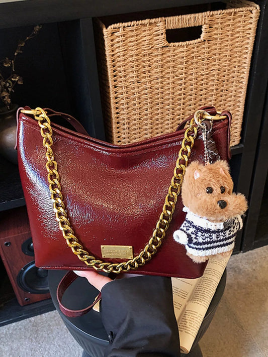 Chain Decor Shoulder Bag with Bear Charm