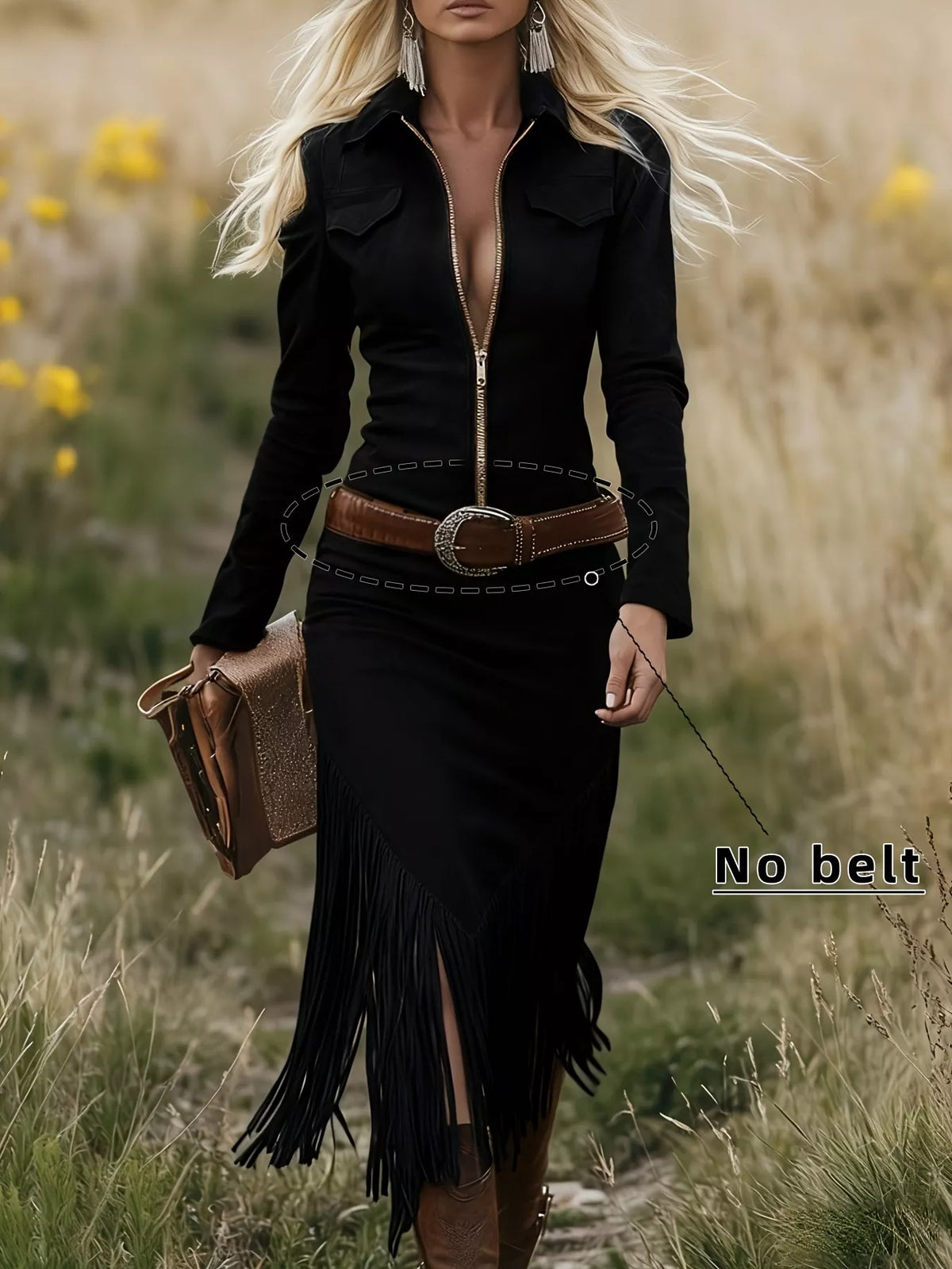 Fringe Zip Front Long Sleeve Dress