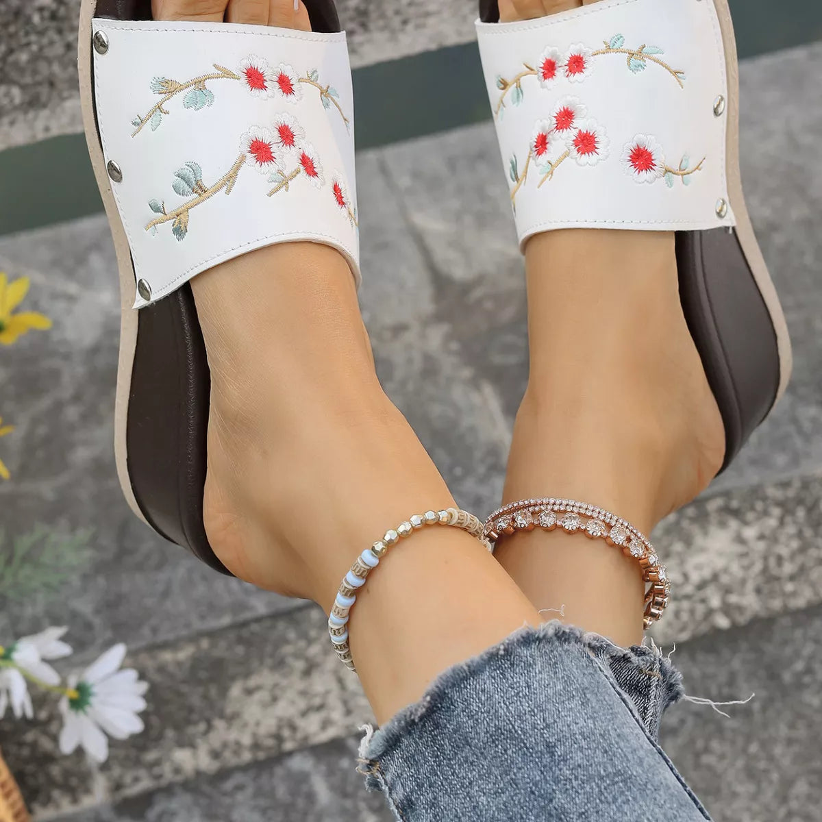 Floral Embroidered Wedge Sandals