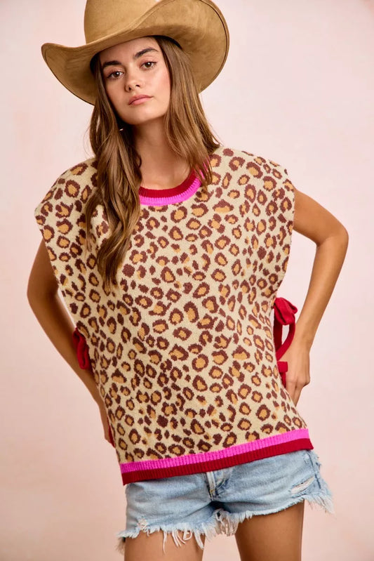 BiBi Leopard Pattern Side Tied Sweater Vest Top