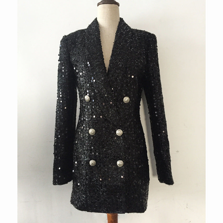 Medium length blazer with shiny silk beads