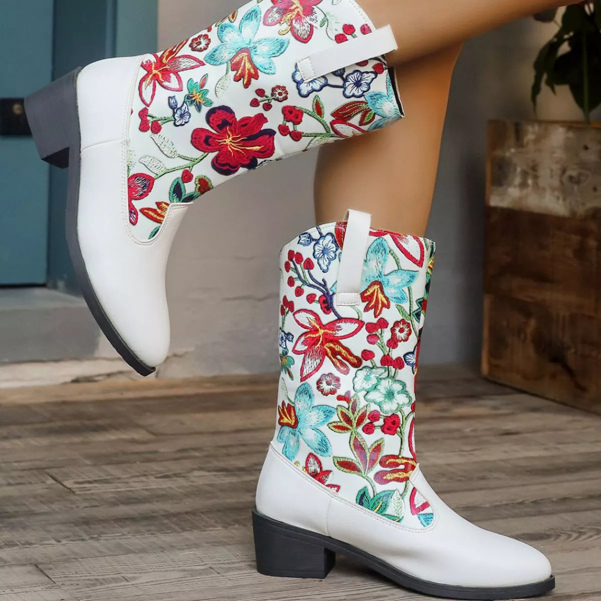 Floral Block Heel Boots