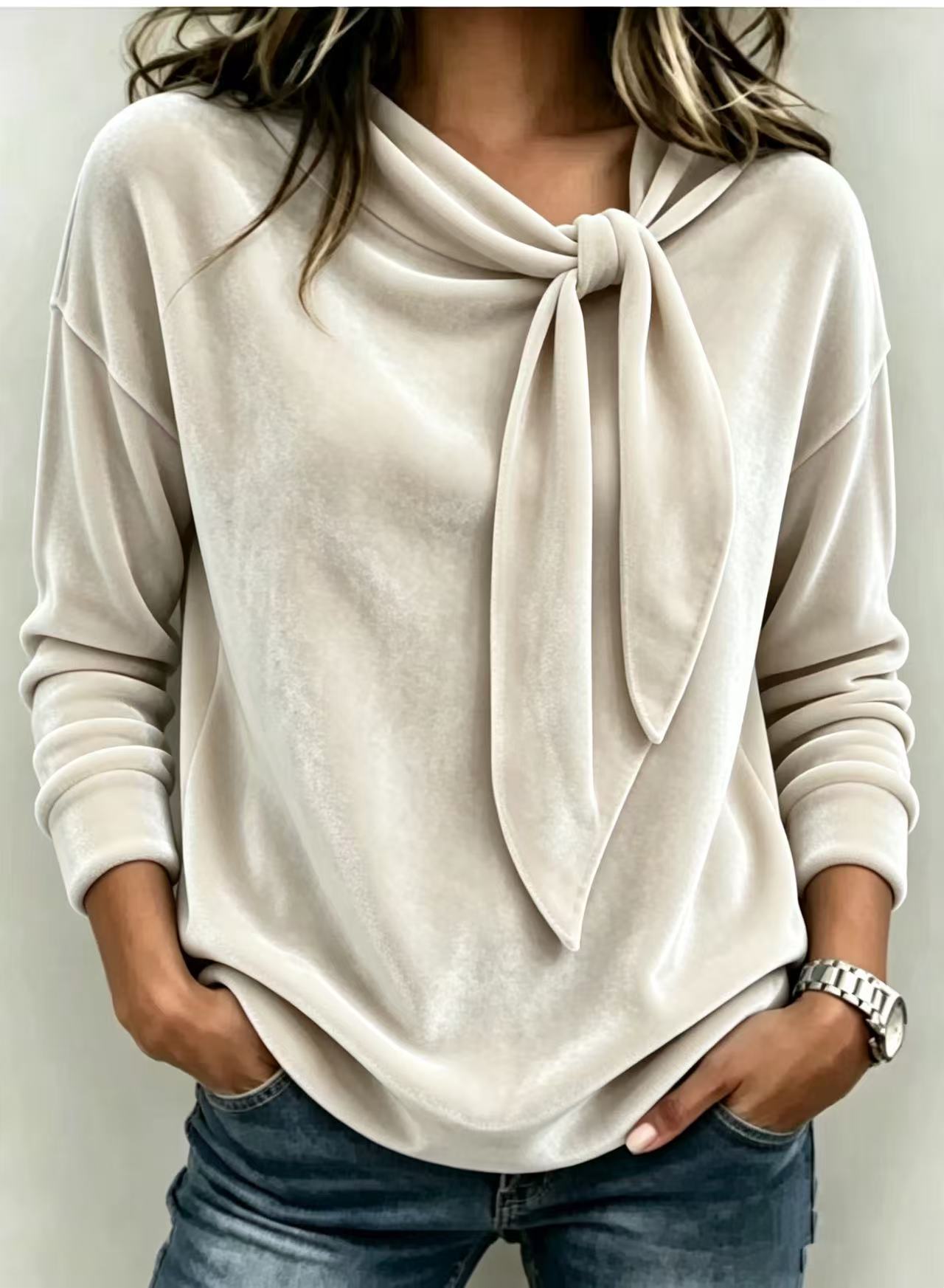 Solid Color Long Sleeve Bow Top – Loose Fit Scarf Collar