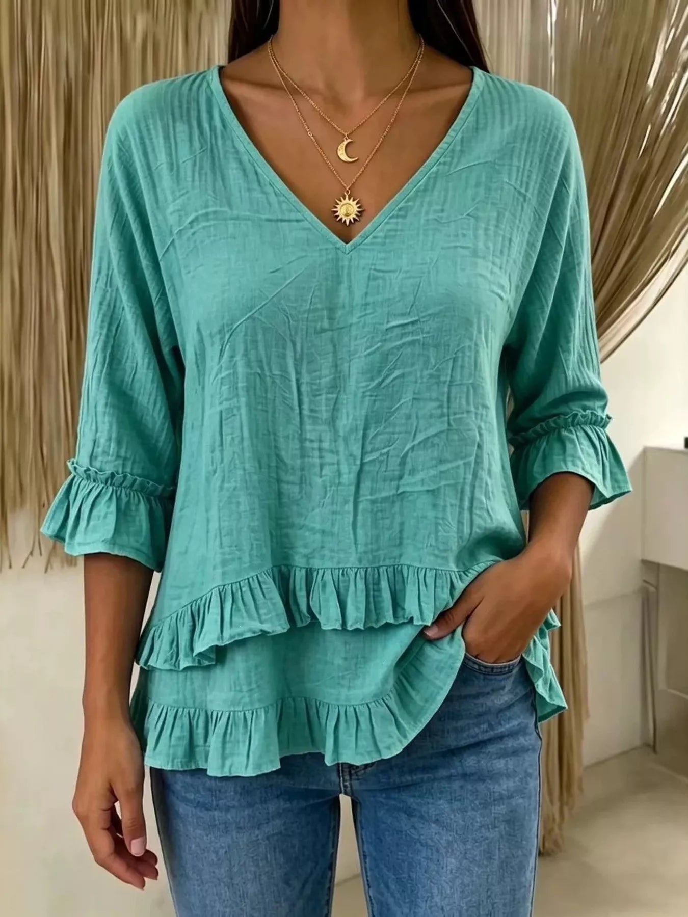 V-Neck Ruffle Sleeve Top