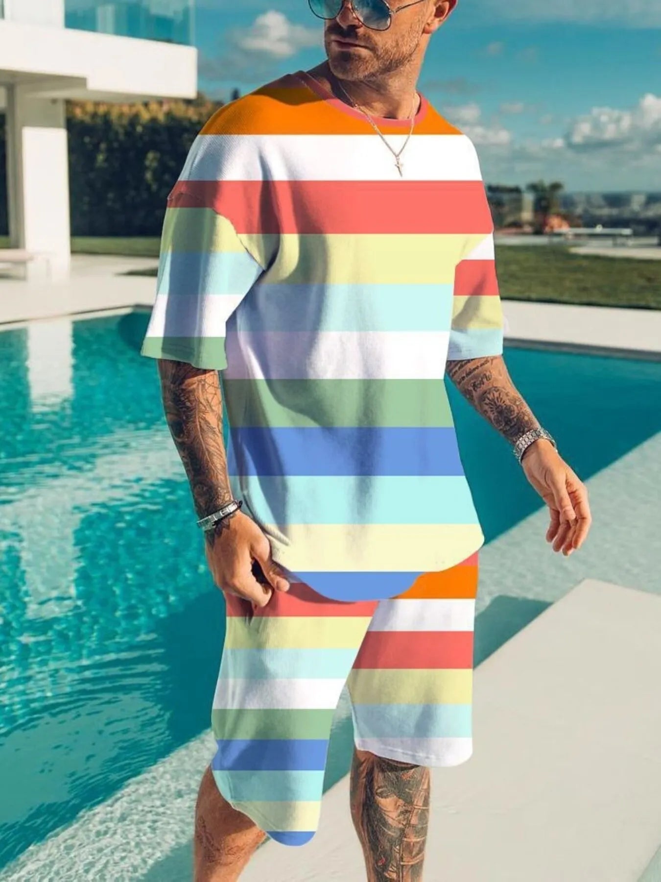 Men's Full Size Color Block Tee and Shorts Set Plus Size