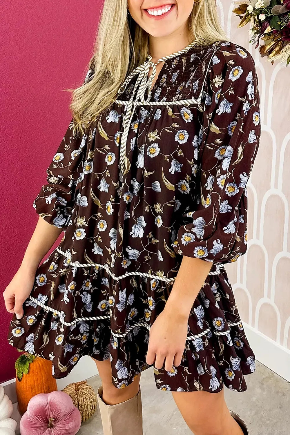 Floral Print Shirred V Neck Shift Dress