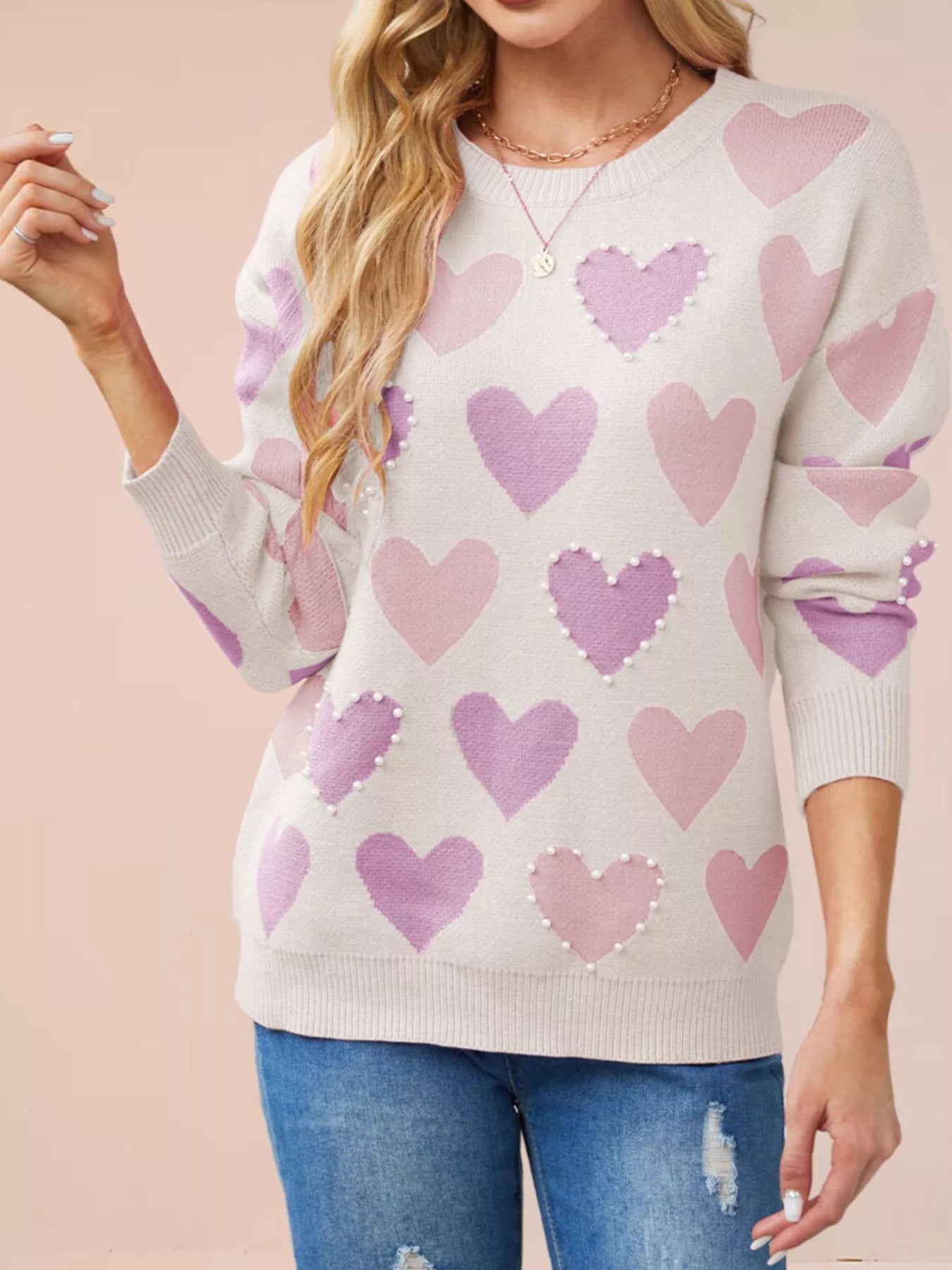 Heart Pattern Pearl Embellishments Sweater
