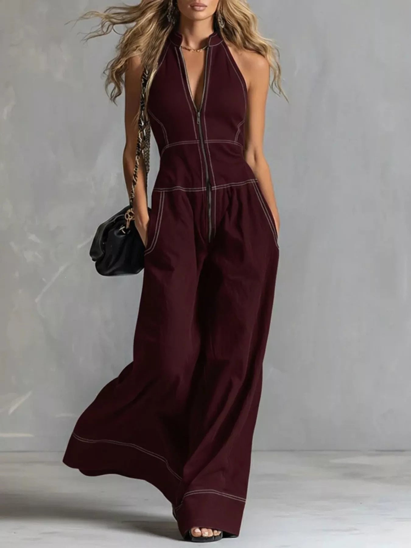 Zip Front Sleeveless Wide Leg Jumpsuit