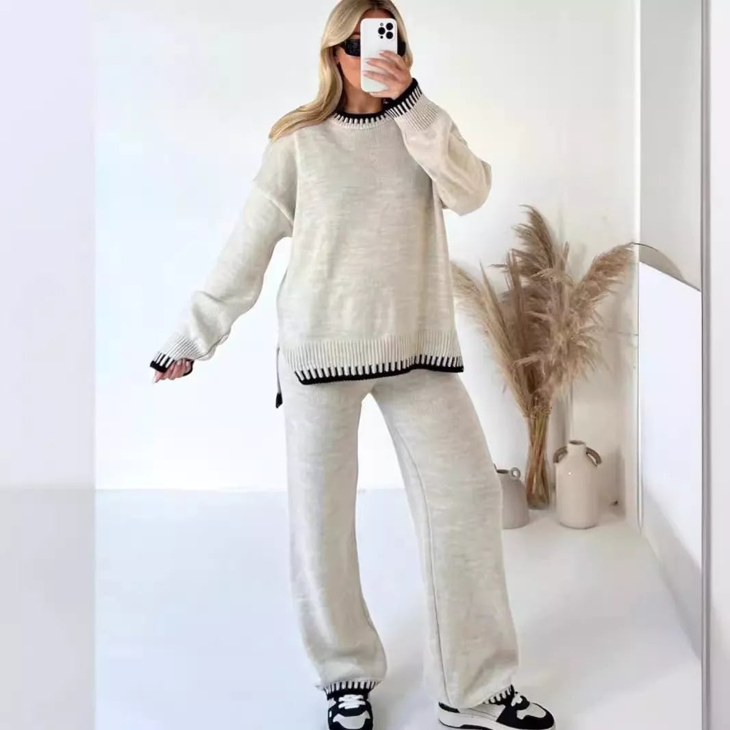 Contrast Trim Round Neck Top and Pants Sweater Set