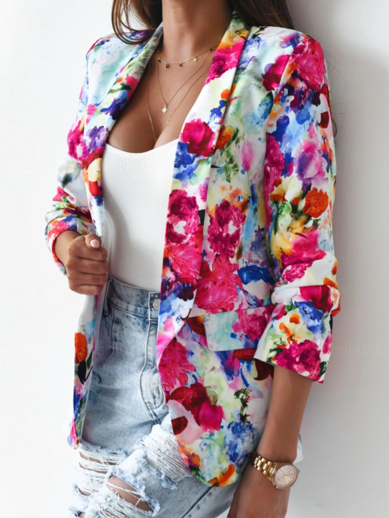 Vibrant Floral Print Open Front Blazer