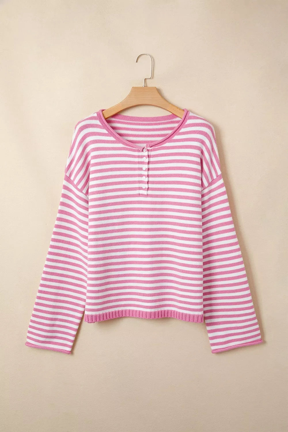 Striped Button Placket Drop Shoulder Long Sleeve Sweater
