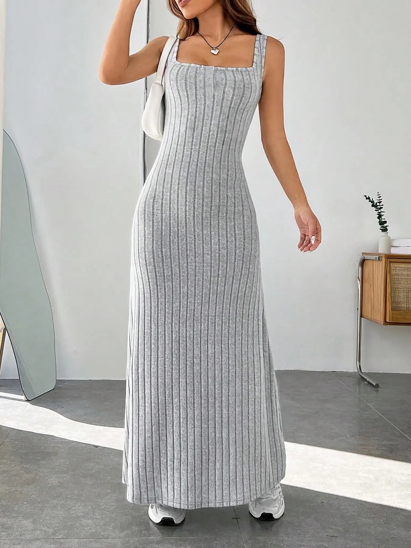 Ribbed Knit Square Neck Sleeveless Maxi Dress