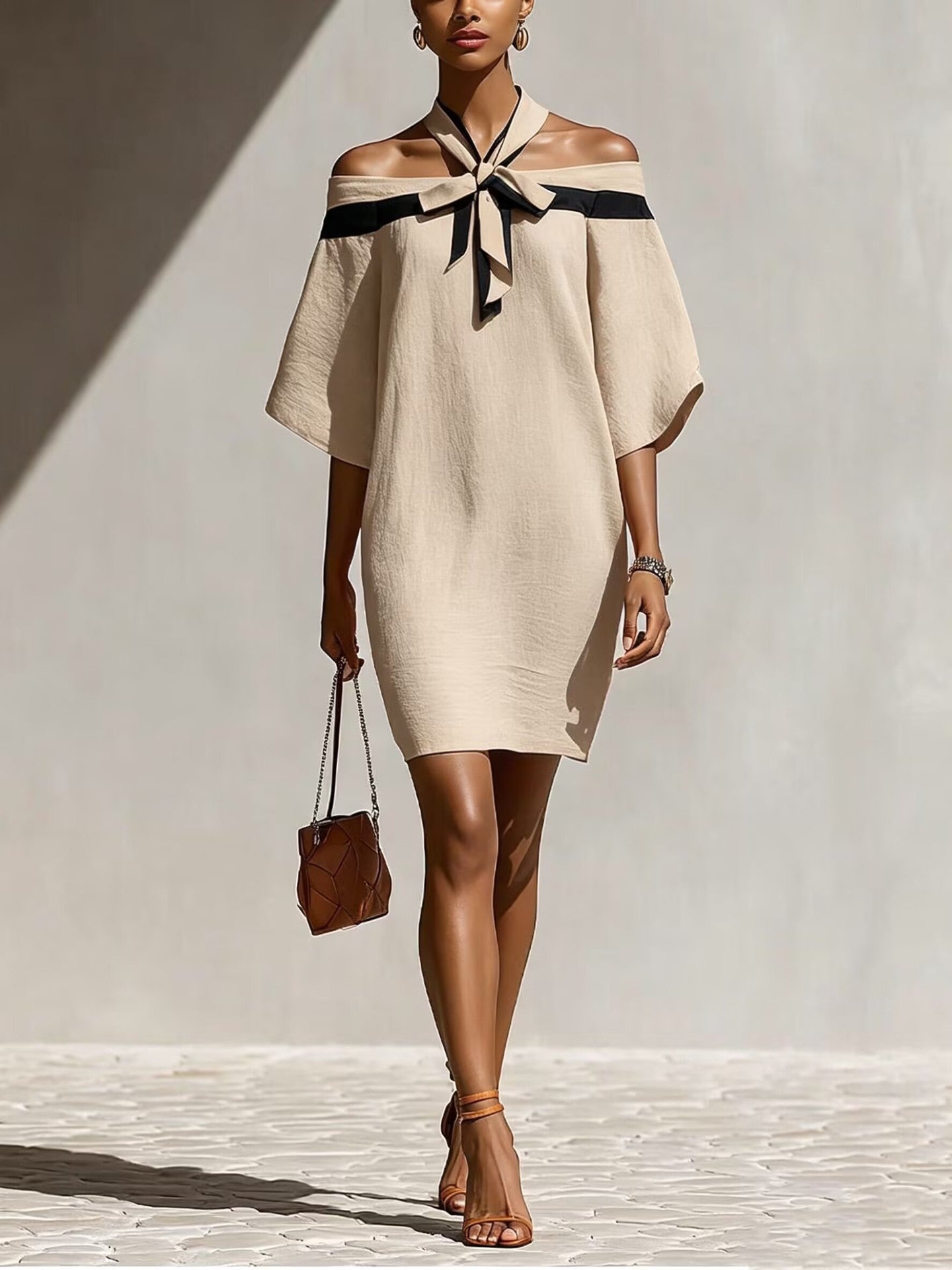 One Shoulder Bow Collar A-Line Dress – Short Sleeve Mini