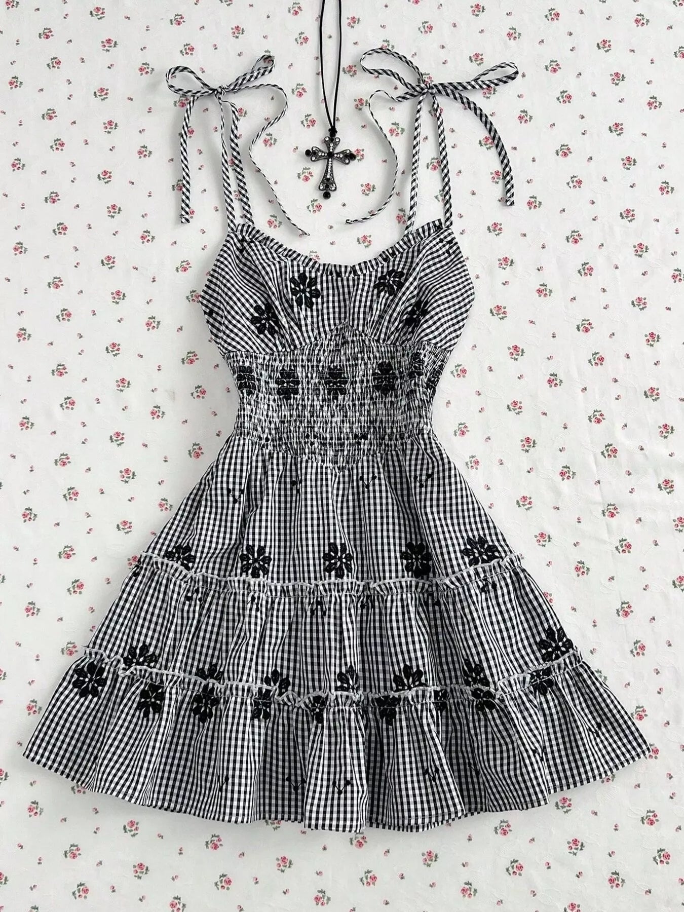 Gingham Floral Tiered Mini Dress