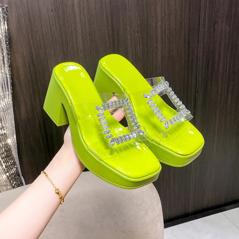 Rhinestone Open Toe Block Heels Sandals
