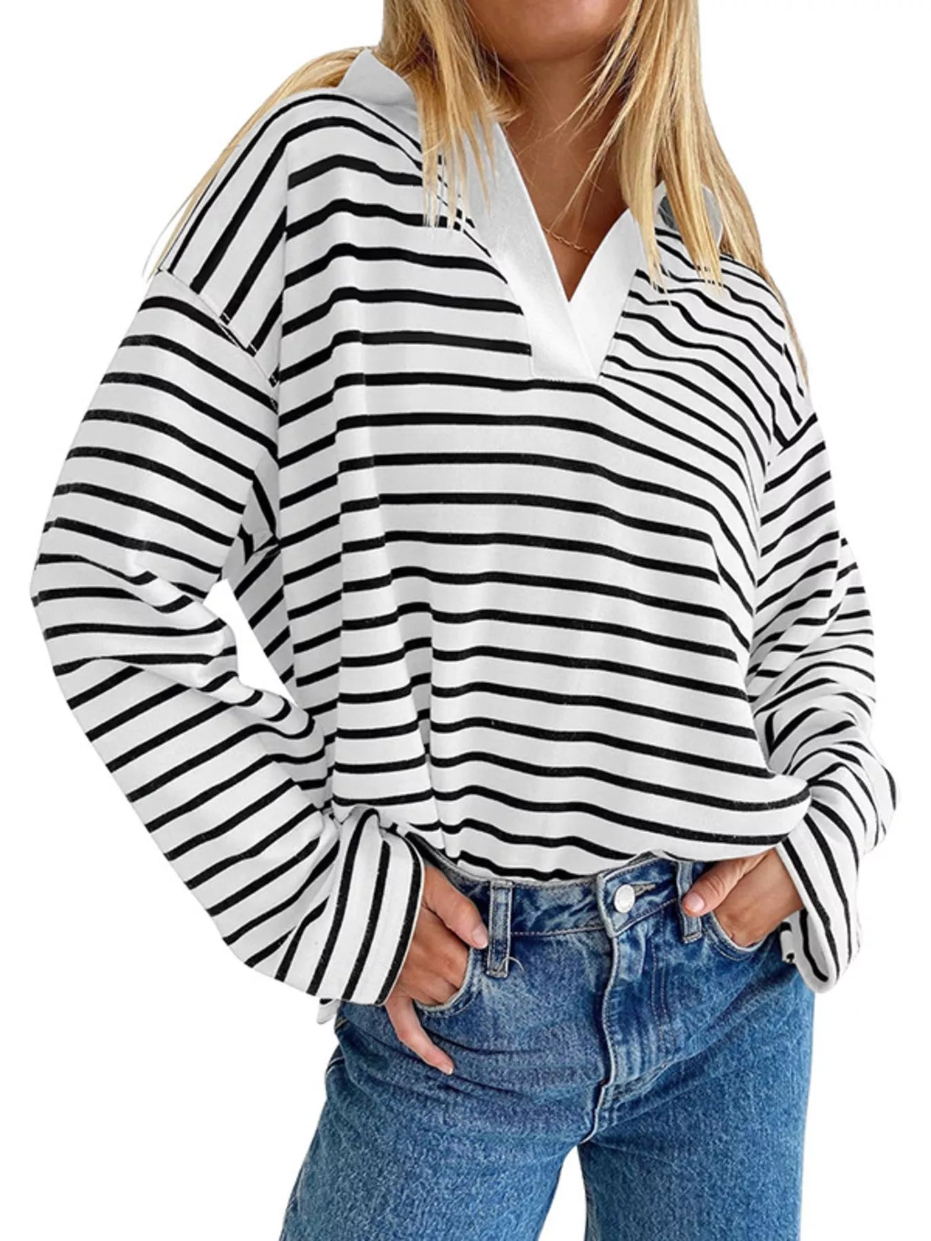 Oversized Striped Johnny Collar T-Shirt
