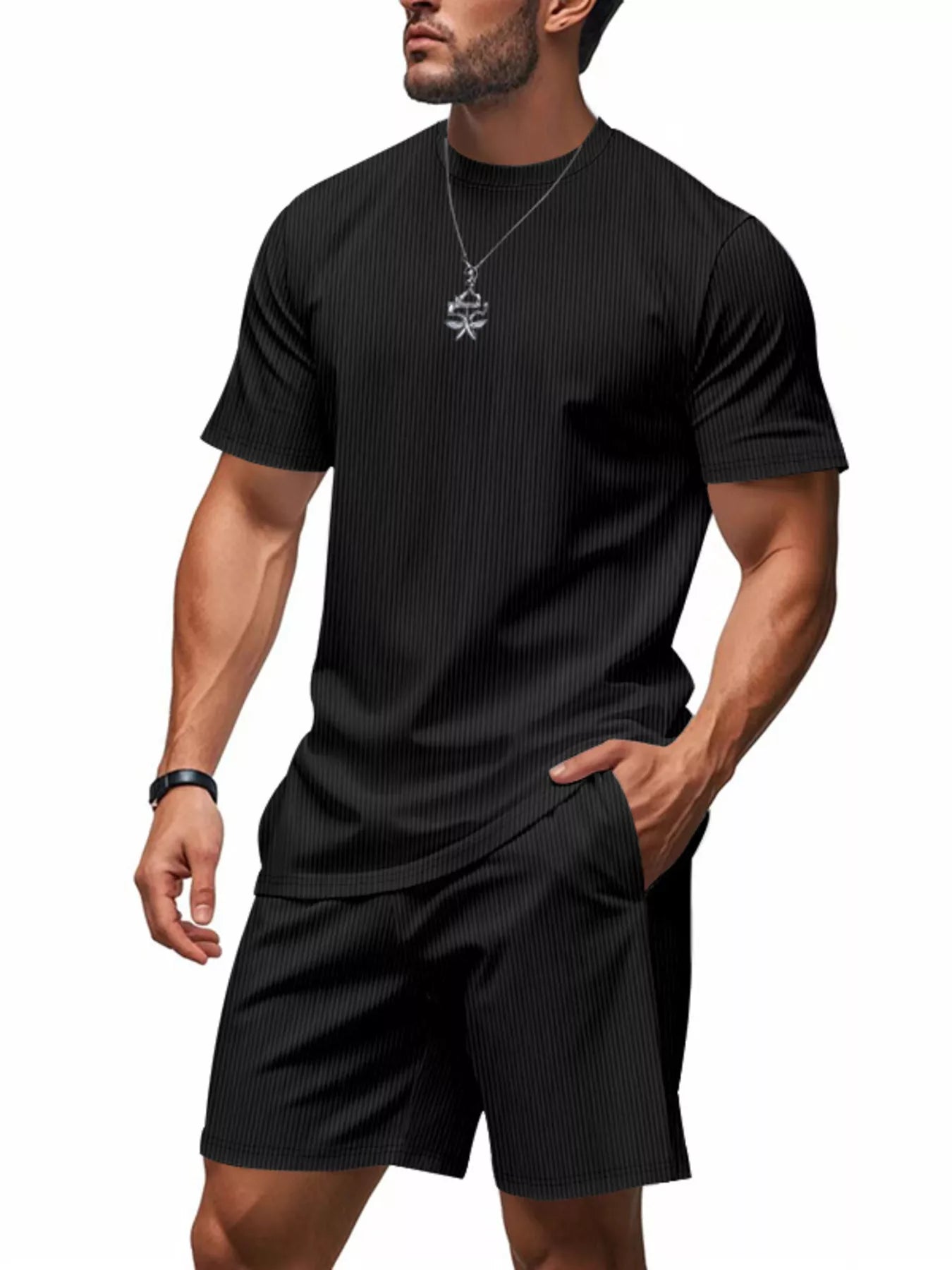 Men's Full Size Casual Striped Top and Shorts Set Plus Size