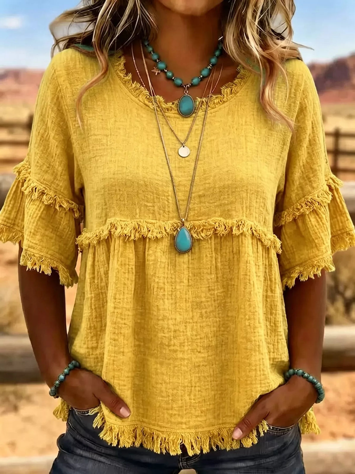 Full Size Frayed Edge Textured Blouse Plus Size