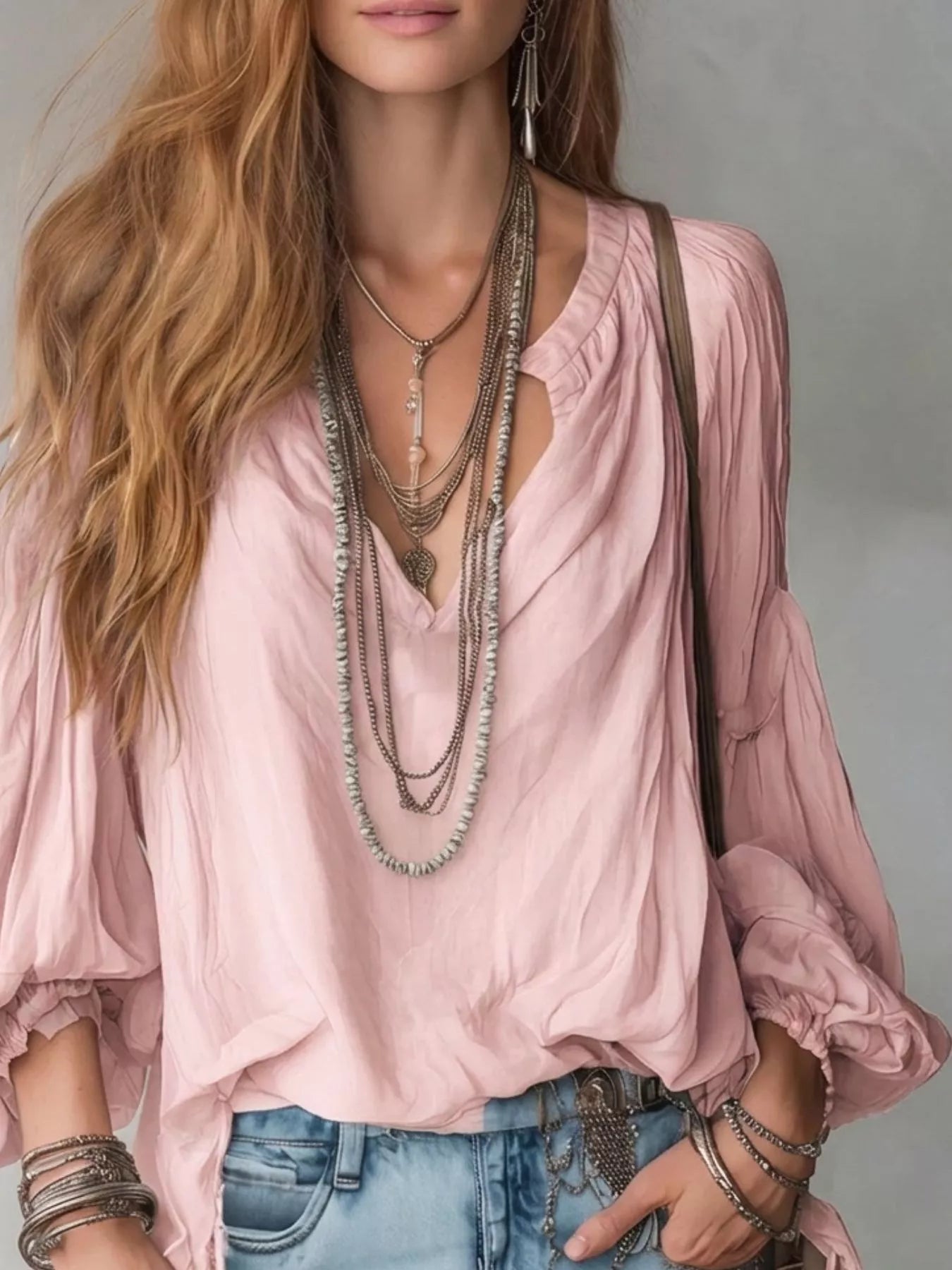 Notched Balloon Sleeve Blouse