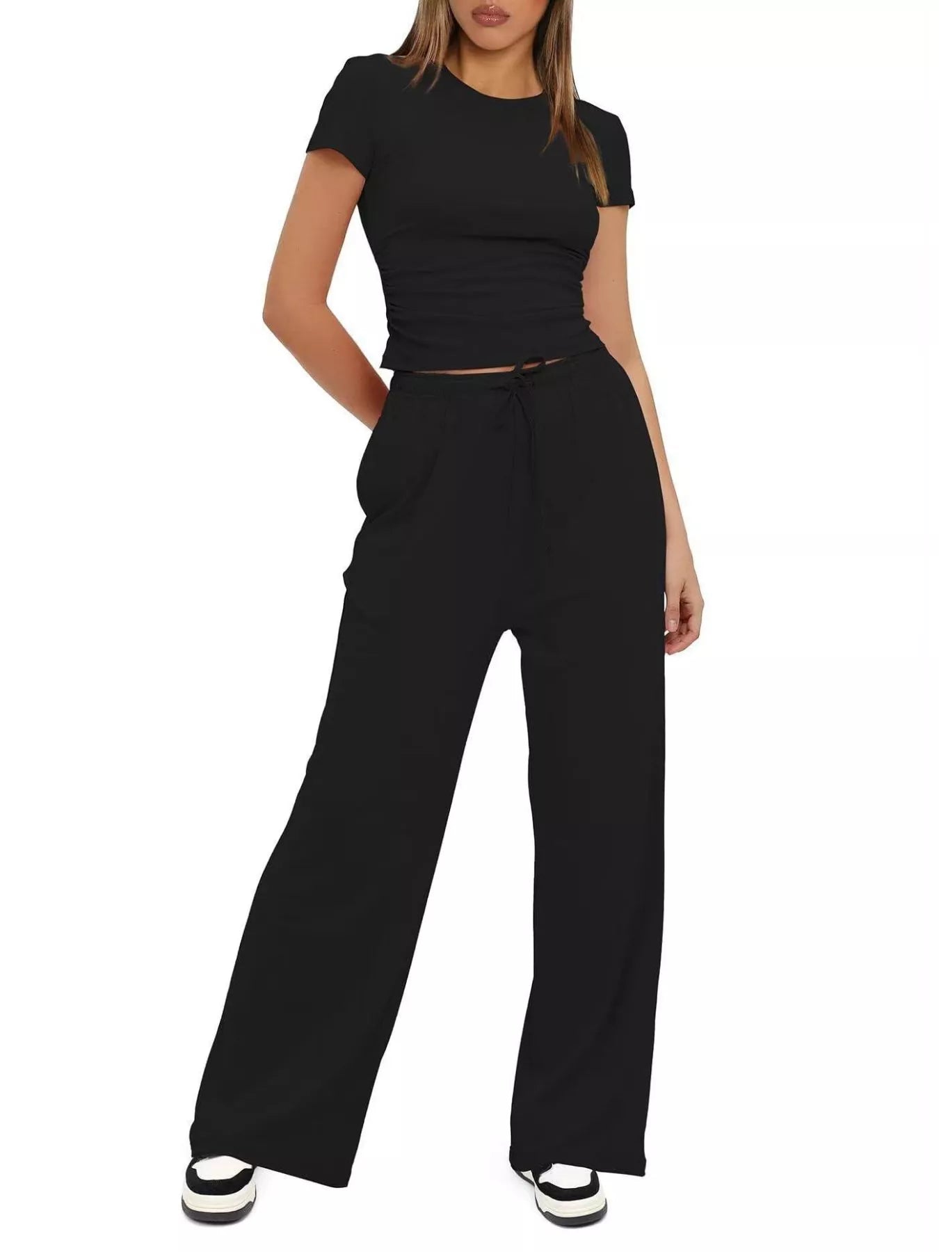 Round Neck Short Sleeve Top and Pants Set