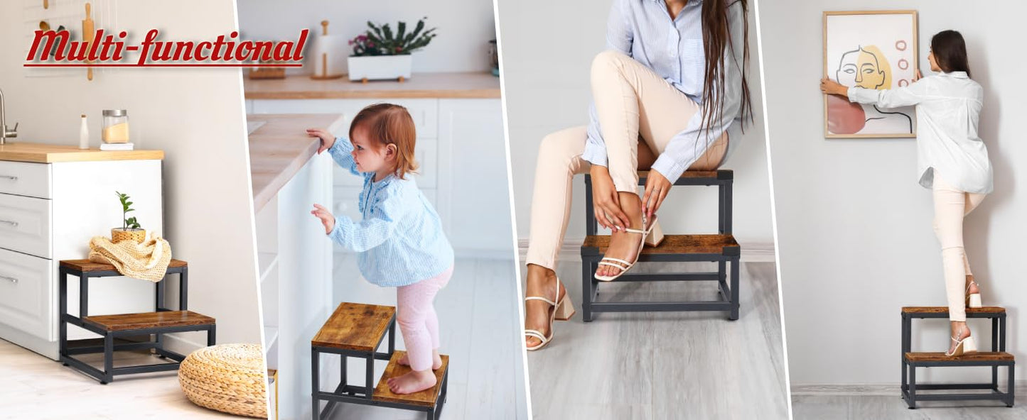 2-Step Stool for Adults & Kids, Heavy-Duty Steel & Wooden, Supports 500lbs, Ideal for Kitchen, Bedroom, Bathroom