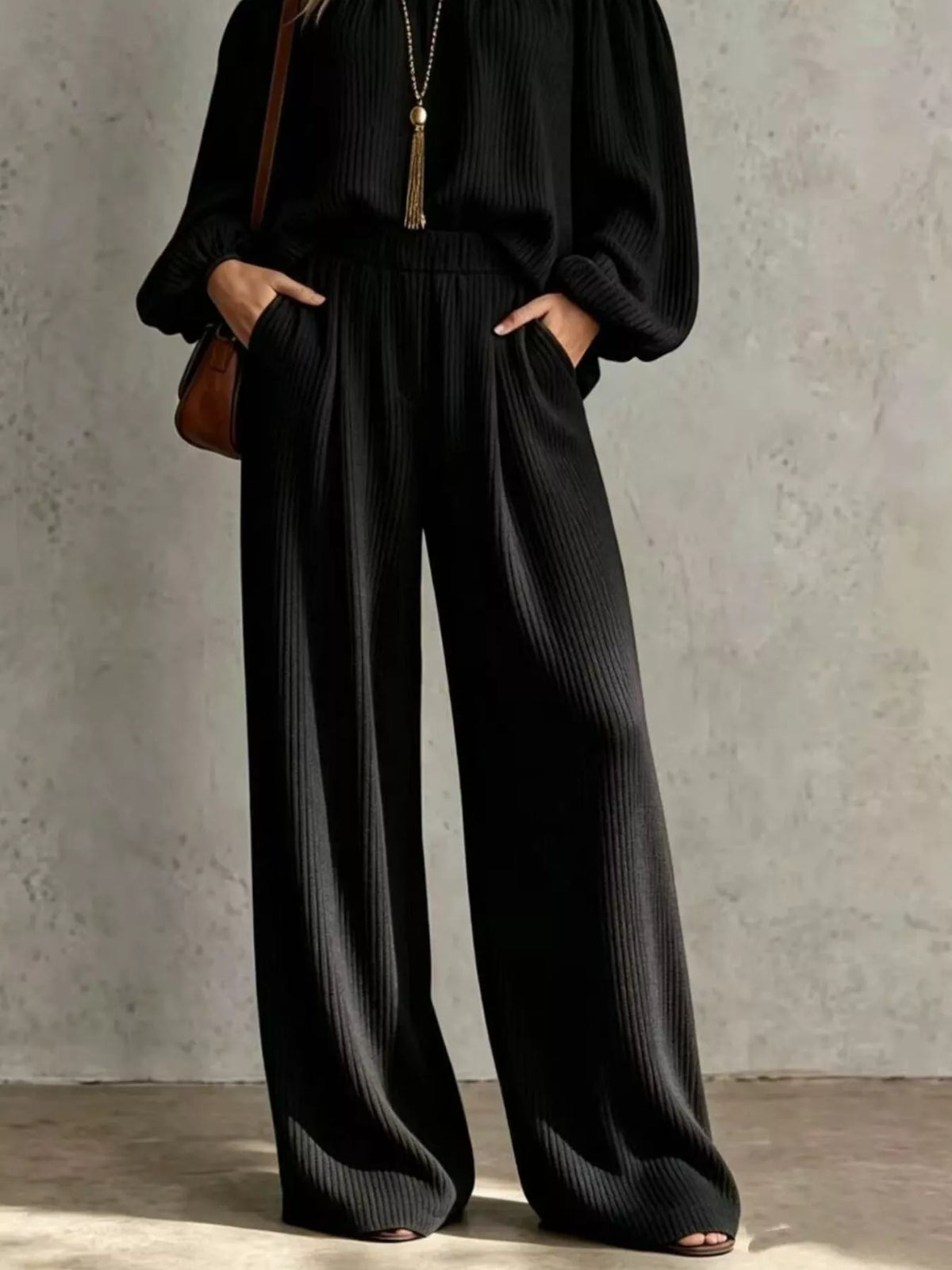Off-Shoulder Crisscross Cutout Ribbed Knit Top and Wide-Leg Pants Set