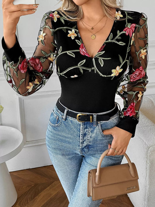 Floral Mesh Sleeve V-Neck Top