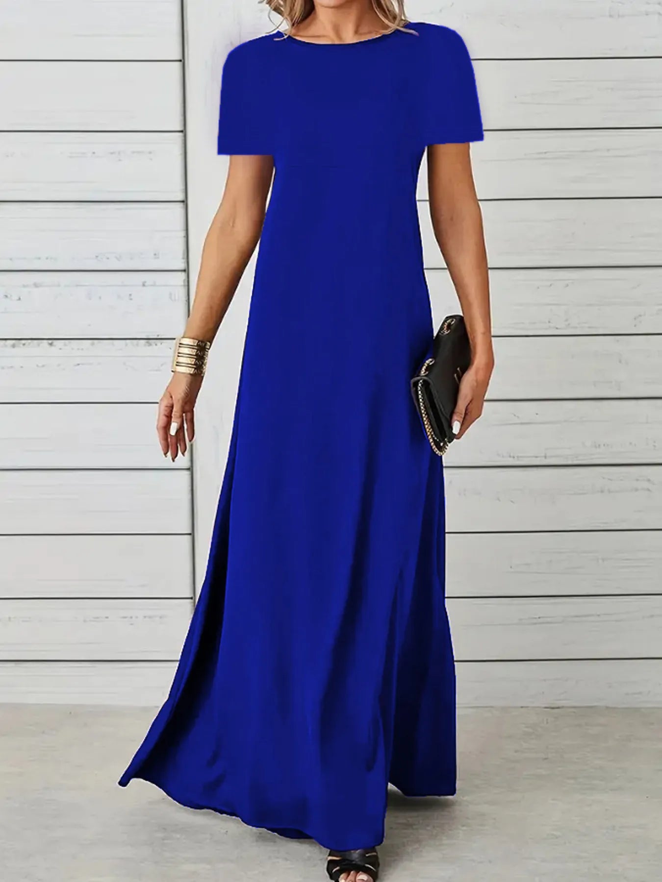 Full Size Round Neck Short Sleeve A-Line Maxi Dress Plus Size