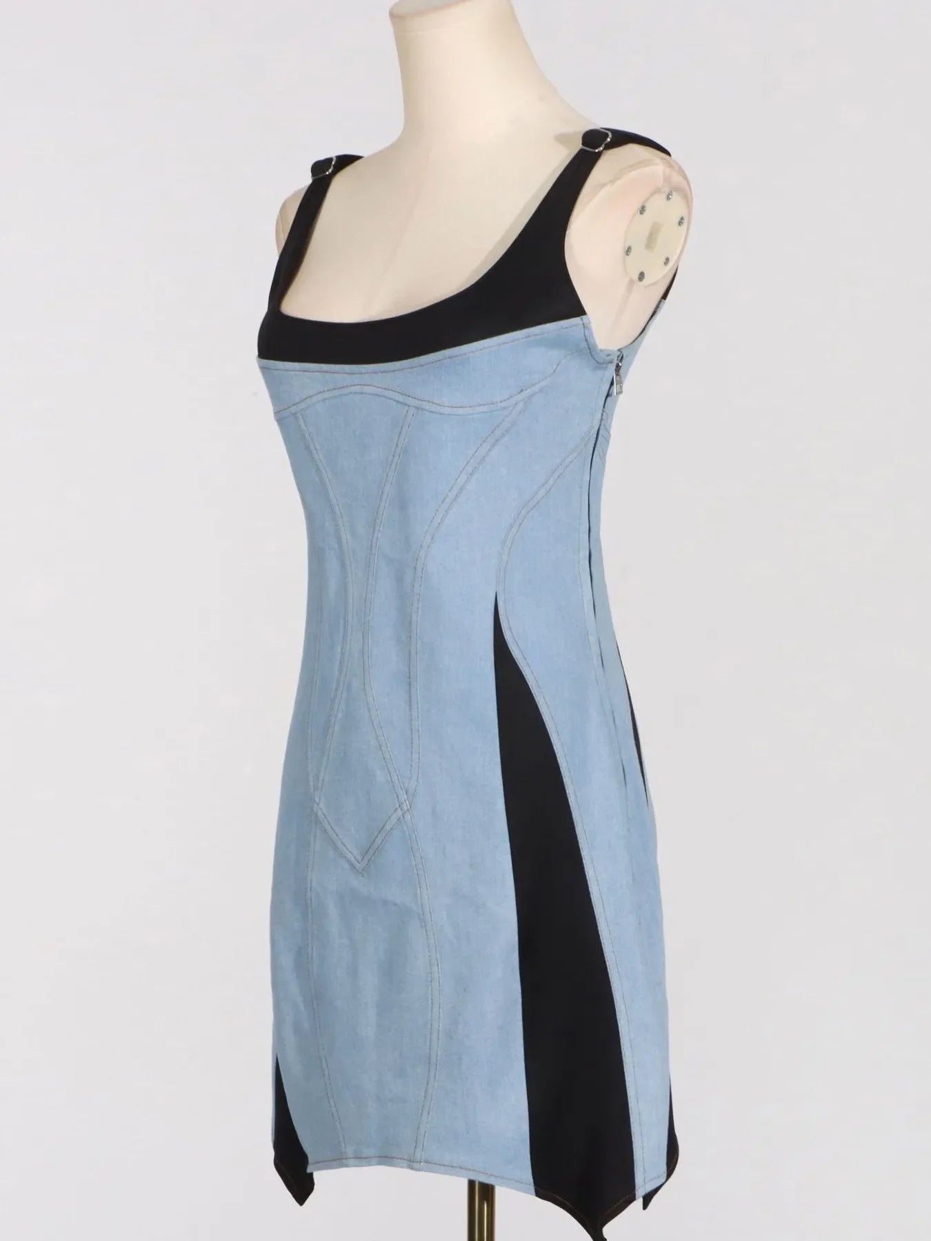Contrast Adjustable Strap Denim Dress