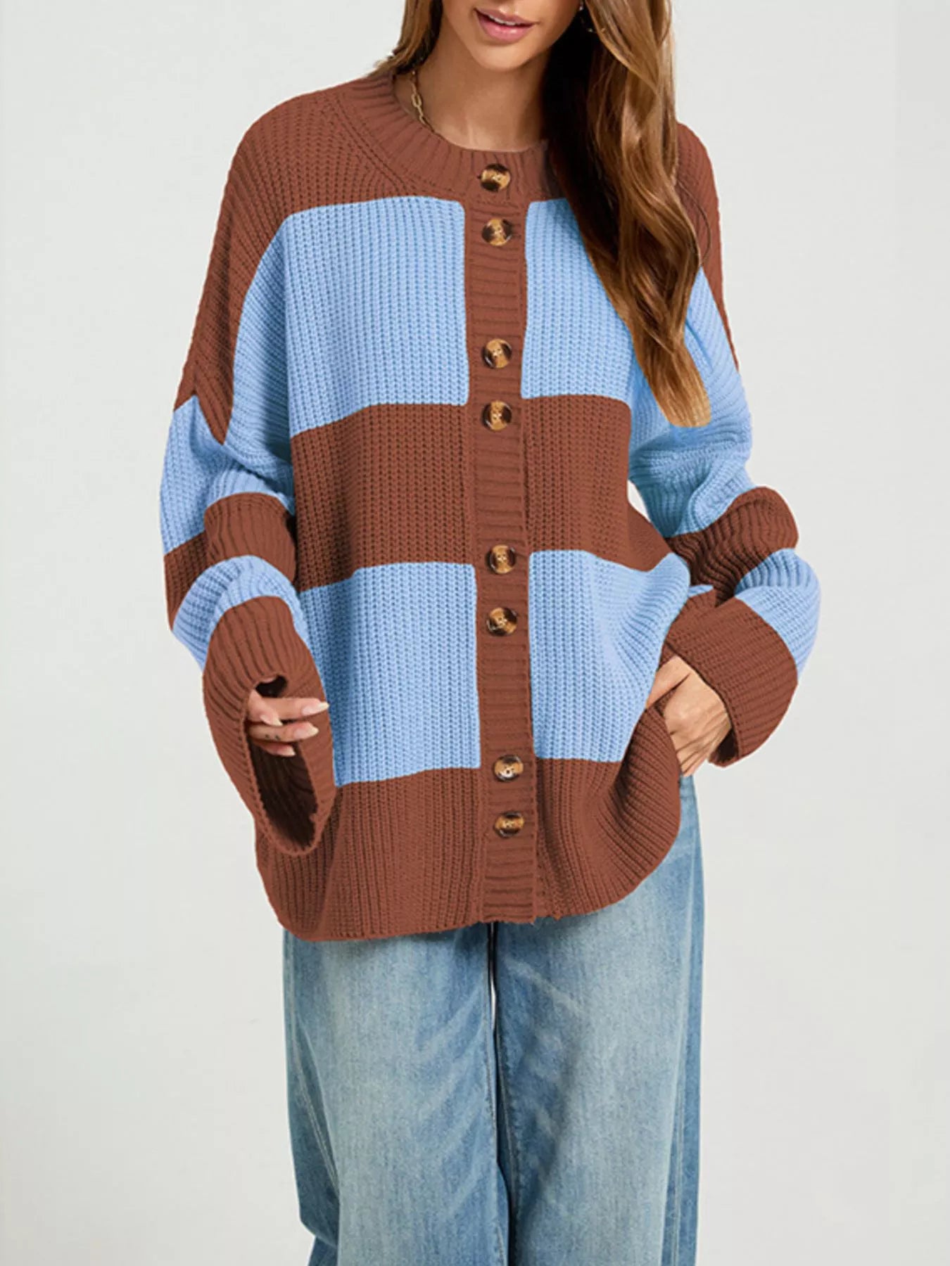 Color Block Striped Button-Up Cardigan