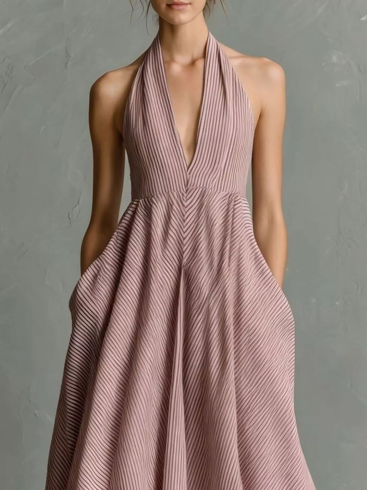 Full Size Striped Halter Neck Maxi Dress with Pockets Plus Size