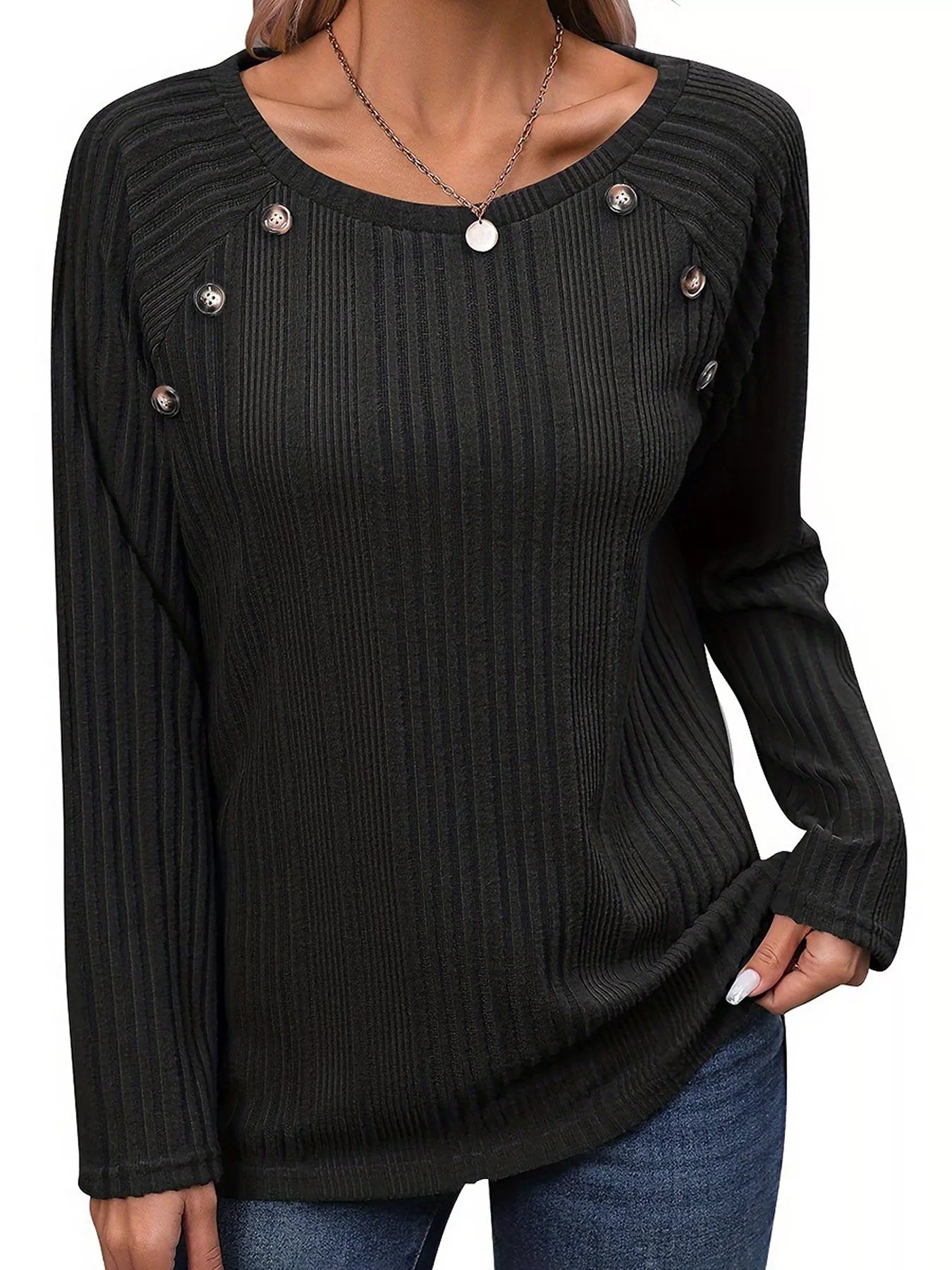 Ribbed Long Sleeve T-Shirt with Button Detail